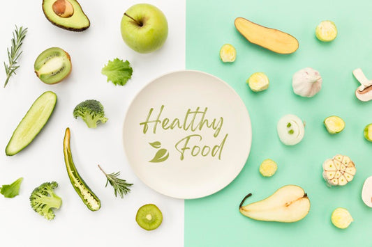 Free Plate Surrounded By Veggies And Fruit Flat Lay Psd