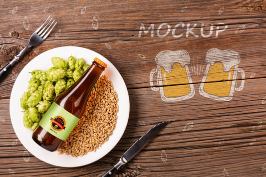 Free Plate With Beer Ingredients And Bottle Of Beer Psd