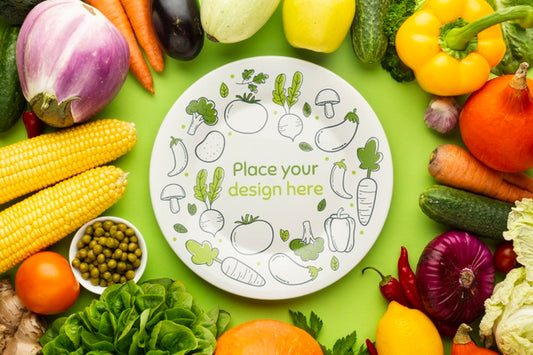 Free Plate With Doodles Mock-Up With Frame Made From Delicious Fresh Veggies Psd