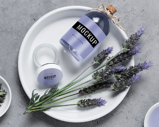 Free Plate With Lavender Water Bottle Psd