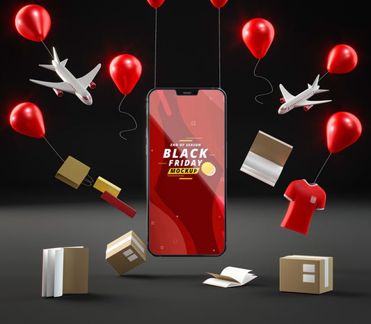 Free Pop-Up Sale Balloons And Mobile Phone On Black Background Psd