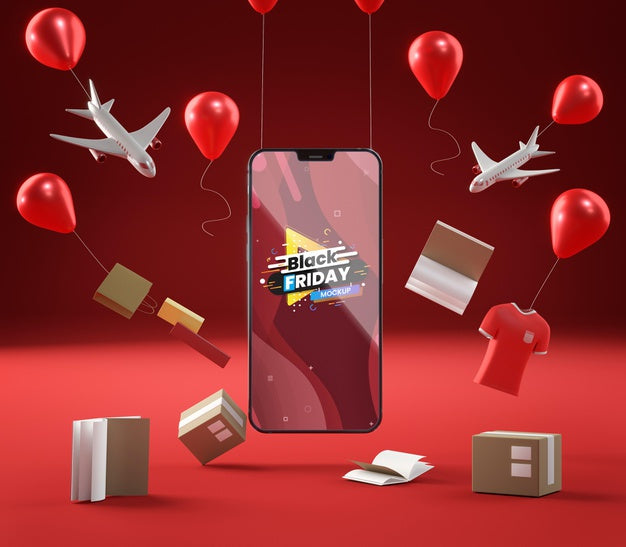 Free Pop-Up Sale Balloons And Mobile Phone On Red Background Psd
