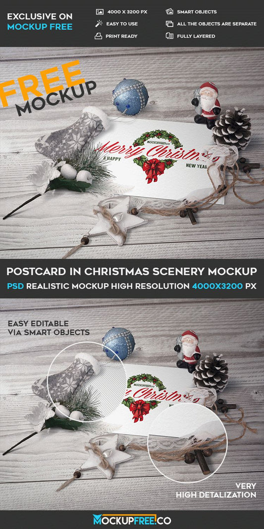 Free Postcard In Christmas Scenery – Psd Mockup