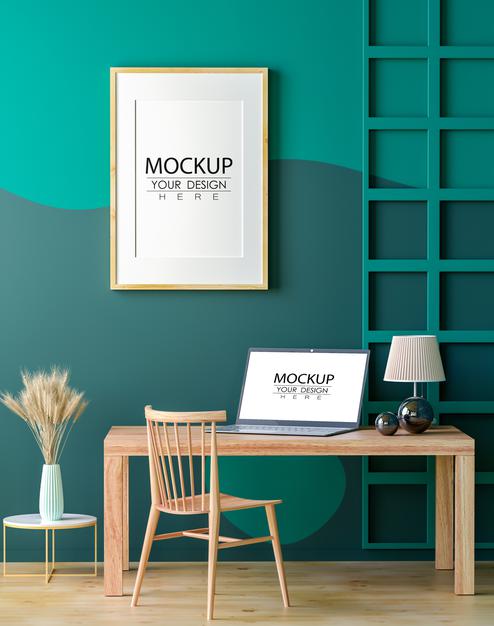 Free Poster Frame And Laptop In Living Room Mockup Psd