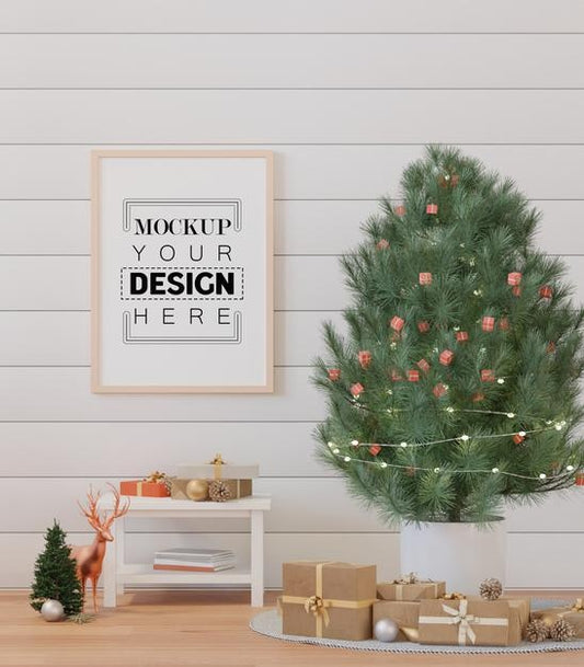 Free Poster Frame In Christmas Decoration Room Psd Mockup Psd