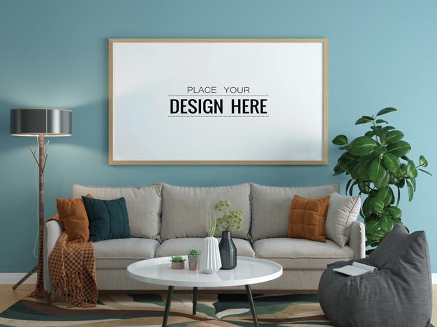 Free Poster Frame In Living Room Mock Up Psd