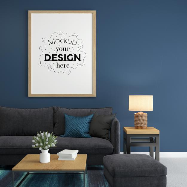 Free Poster Frame In Living Room Mock Up Psd