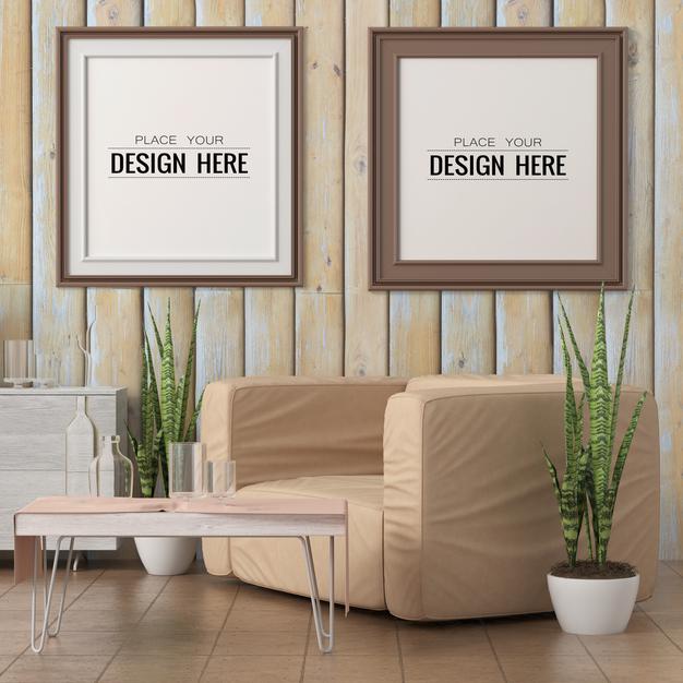 Free Poster Frame In Living Room Mockup Psd