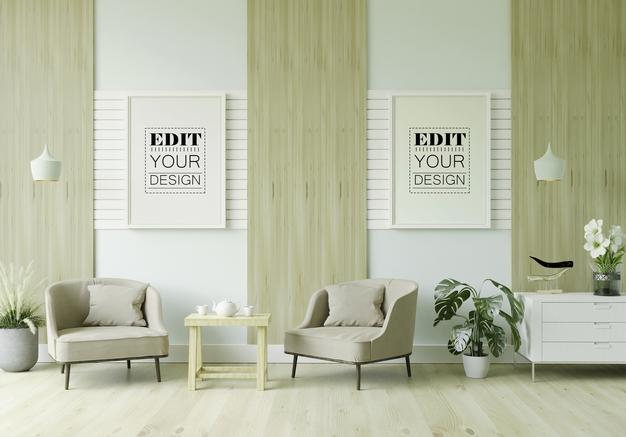 Free Poster Frame In Living Room Mockup Psd