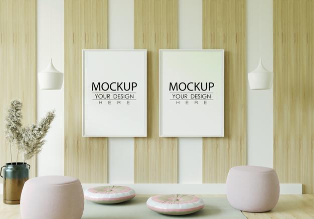 Free Poster Frame In Living Room Mockup Psd