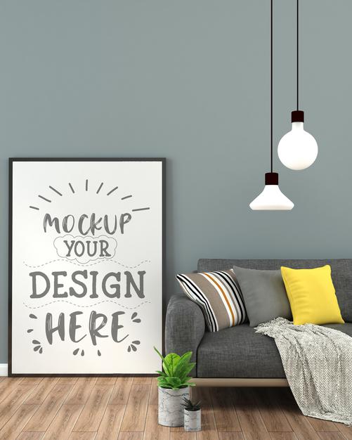 Free Poster Frame In Living Room Mockup Psd