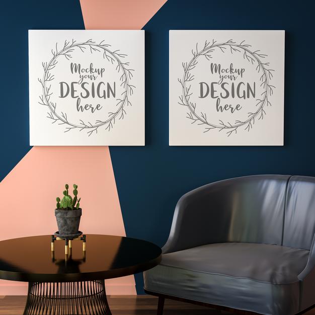 Free Poster Frame In Living Room Mockup Psd