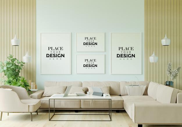 Free Poster Frame In Living Room Mockup Psd