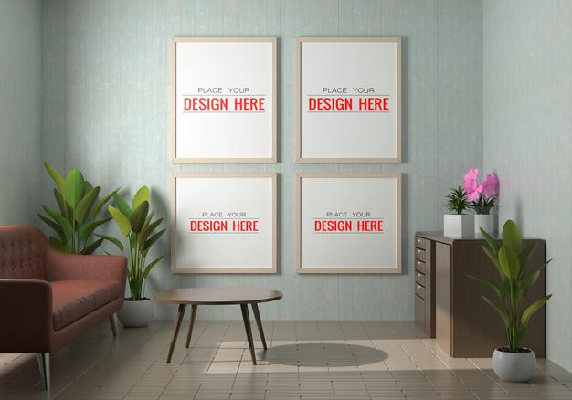 Free Poster Frame In Living Room Mockup Psd