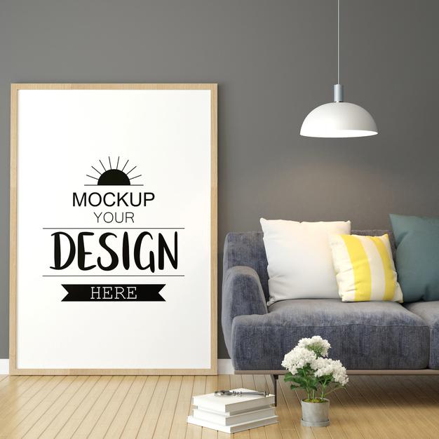 Free Poster Frame In Living Room Mockup Psd