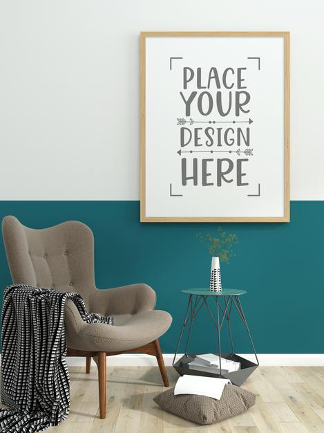 Free Poster Frame In Living Room Mockup Psd