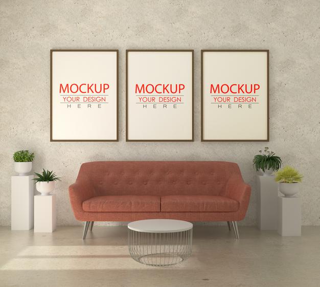 Free Poster Frame In Living Room Mockup Psd