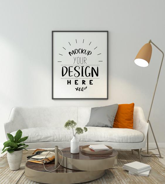 Free Poster Frame In Living Room Mockup Psd