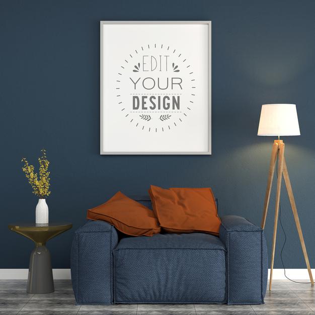 Free Poster Frame In Living Room Mockup Psd