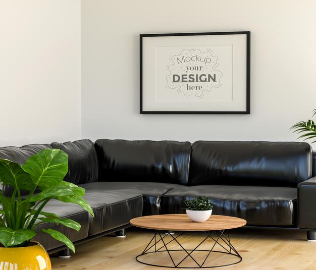 Free Poster Frame In Living Room Mockup Psd