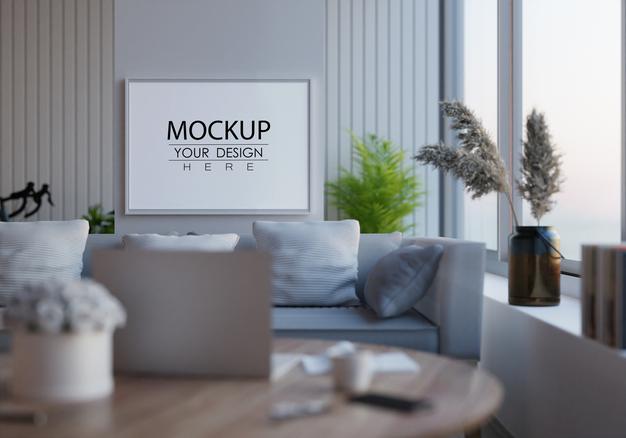 Free Poster Frame In Living Room Mockup Psd