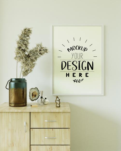 Free Poster Frame In Living Room Mockup Psd