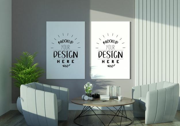 Free Poster Frame In Living Room Mockup Psd