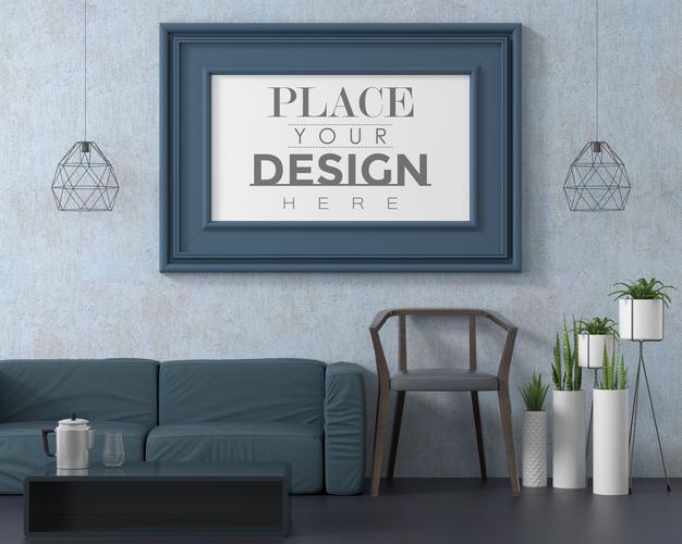 Free Poster Frame In Living Room Mockup Psd