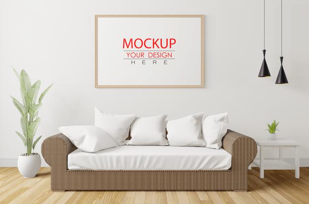 Free Poster Frame In Living Room Mockup Psd