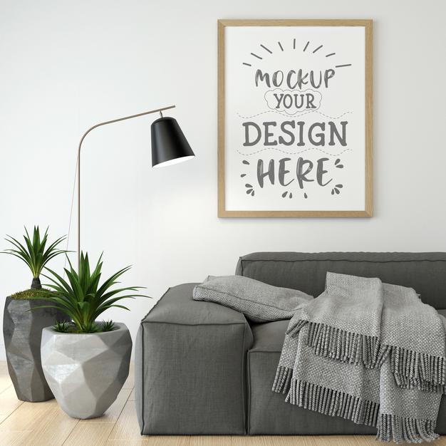 Free Poster Frame In Living Room Mockup Psd