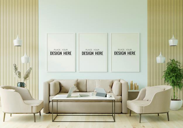 Free Poster Frame In Living Room Mockup Psd