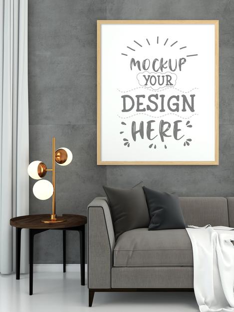 Free Poster Frame In Living Room Mockup Psd