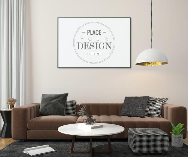 Free Poster Frame In Living Room Mockup Psd