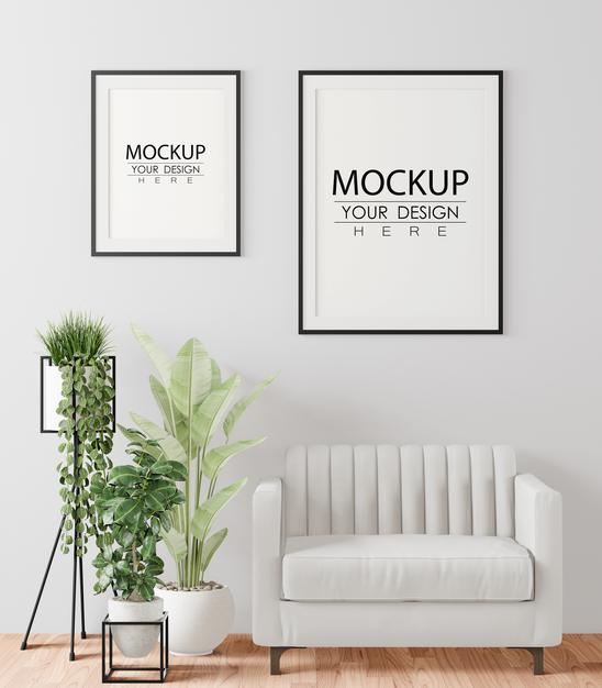 Free Poster Frame In Living Room Mockup Psd