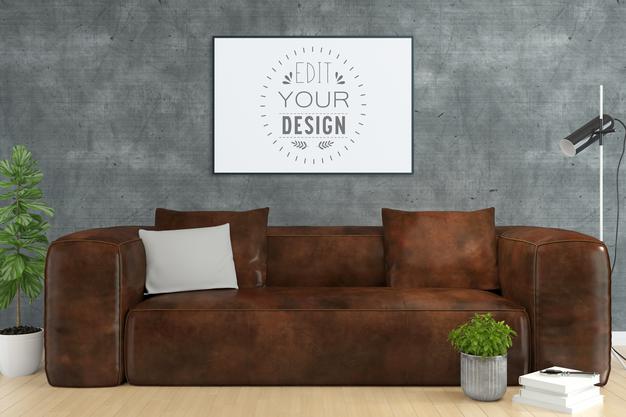 Free Poster Frame In Living Room Mockup Psd