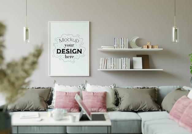 Free Poster Frame In Living Room Mockup Psd