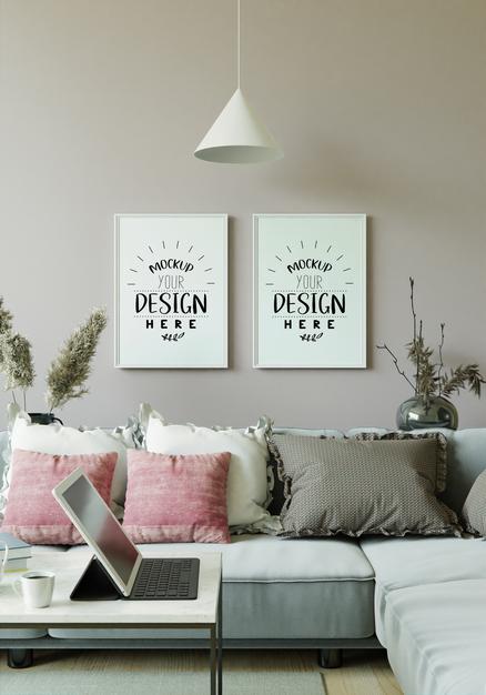 Free Poster Frame In Living Room Mockup Psd