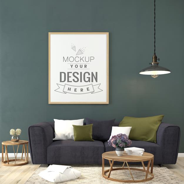 Free Poster Frame In Living Room Mockup Psd