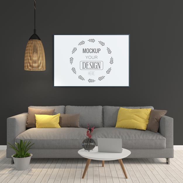 Free Poster Frame In Living Room Mockup Psd