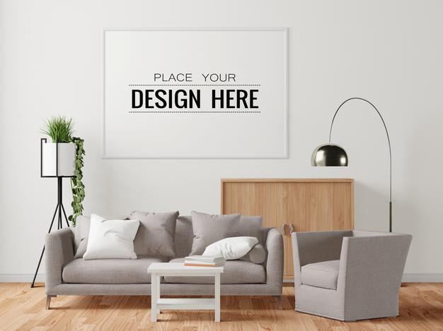 Free Poster Frame In Living Room Mockup Psd