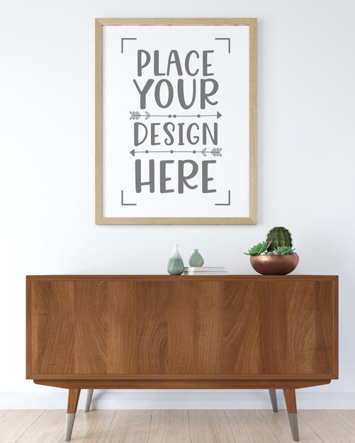 Free Poster Frame In Living Room Mockup Psd