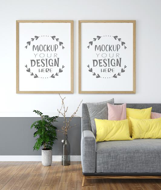 Free Poster Frame In Living Room Mockup Psd