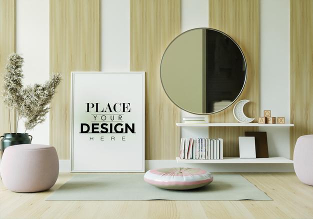 Free Poster Frame In Living Room Mockup Psd