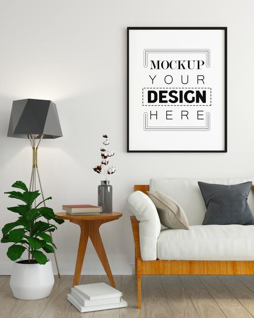 Free Poster Frame In Living Room Mockup Psd