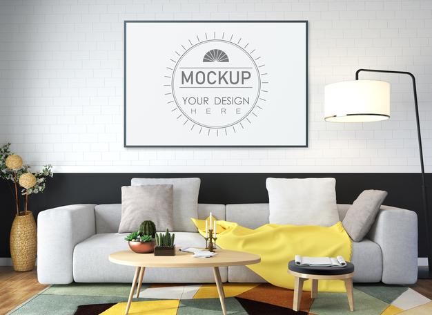 Free Poster Frame In Living Room Mockup Psd