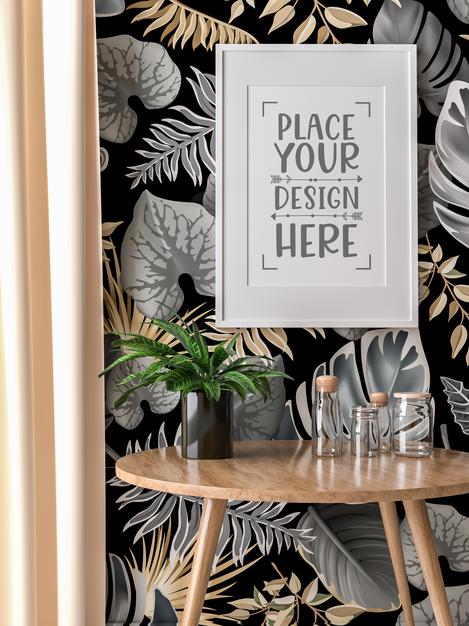 Free Poster Frame In Living Room Mockup Psd