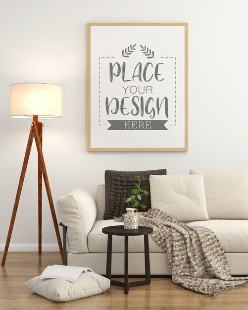 Free Poster Frame In Living Room Mockup Psd