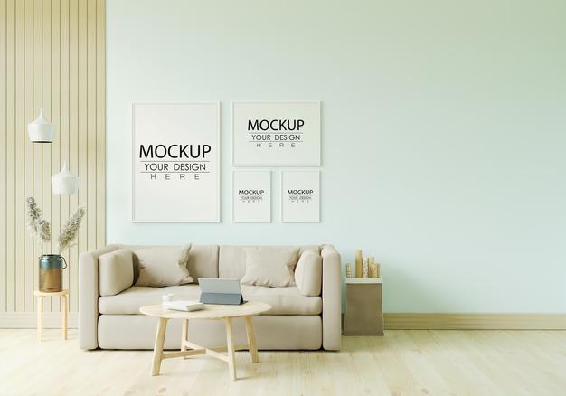 Free Poster Frame In Living Room Mockup Psd