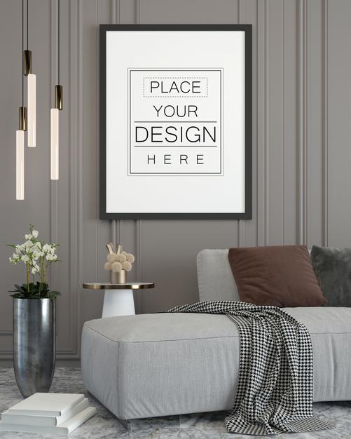 Free Poster Frame In Living Room Mockup Psd