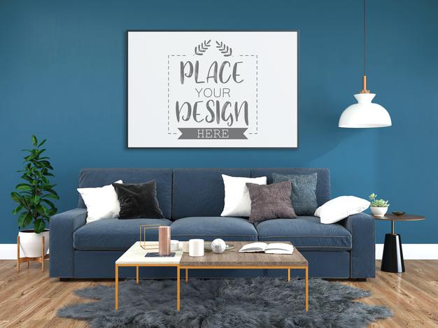 Free Poster Frame In Living Room Mockup Psd